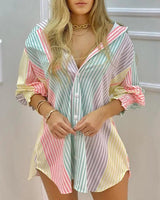LOVEMI  Mini Dresses Stripe / S Lovemi -  Long Sleeve Swept V Neck Button-Up Striped Shirt Dress
