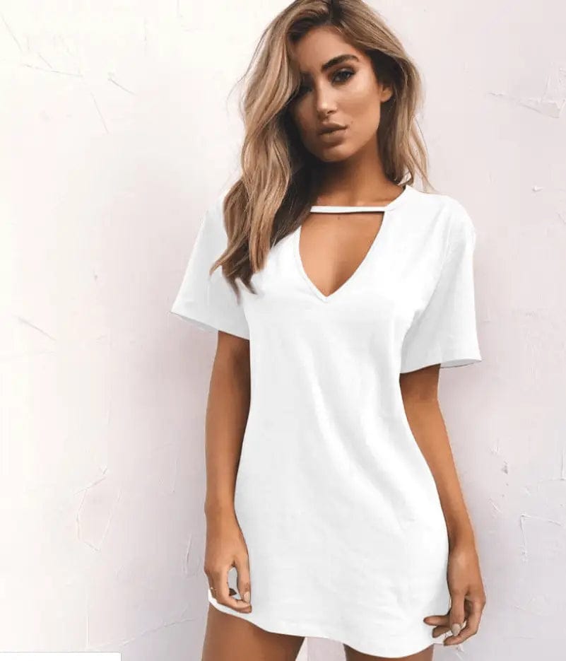 LOVEMI  Mini Dresses white / L Lovemi -  sexy deep V short-sleeved T-shirt loose casual dress