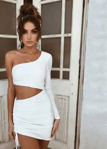 LOVEMI  Mini Dresses white / L Lovemi -  Sexy One Shoulder Cutout Long Sleeve Hip Dress