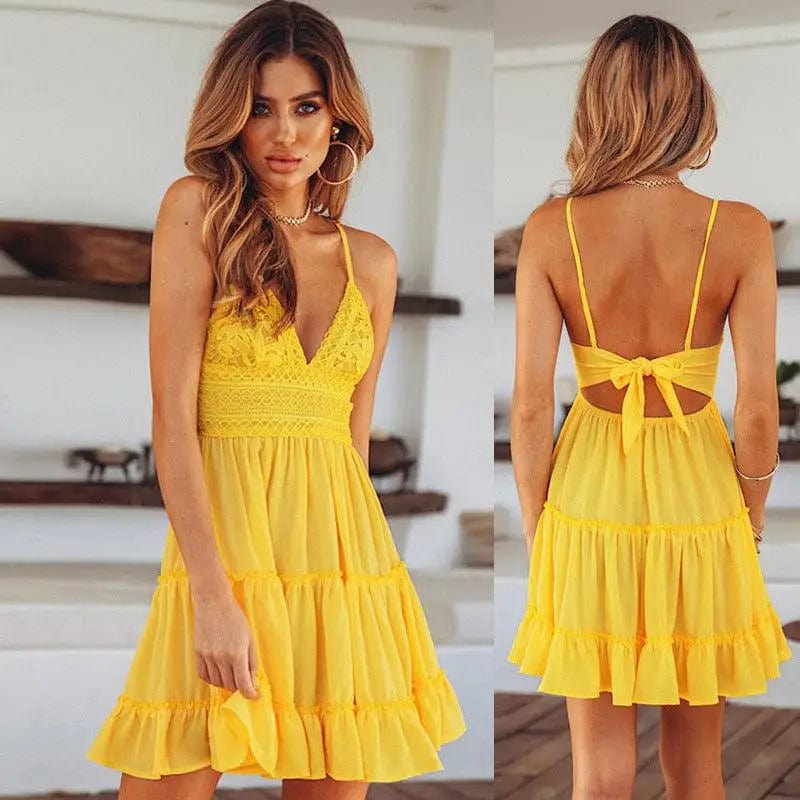 LOVEMI  Mini Dresses Yellow / L Lovemi -  Sexy lace sling stitching bow princess dress