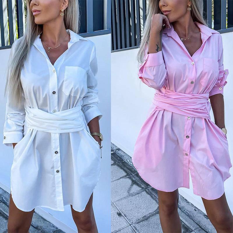 Multi-Color Rolled Sleeves Shirt Dress Women-1