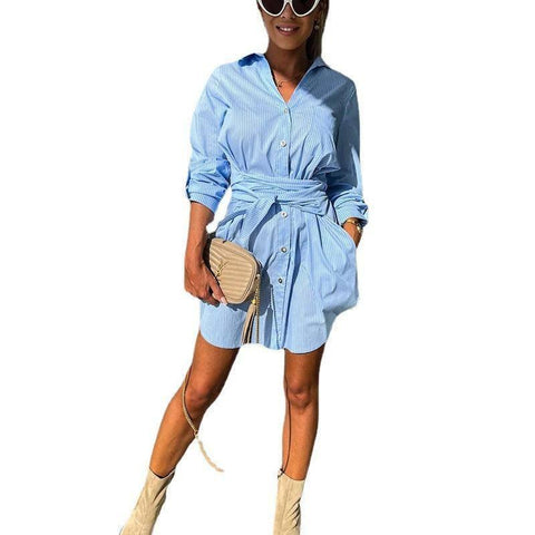Multi-Color Rolled Sleeves Shirt Dress Women-2