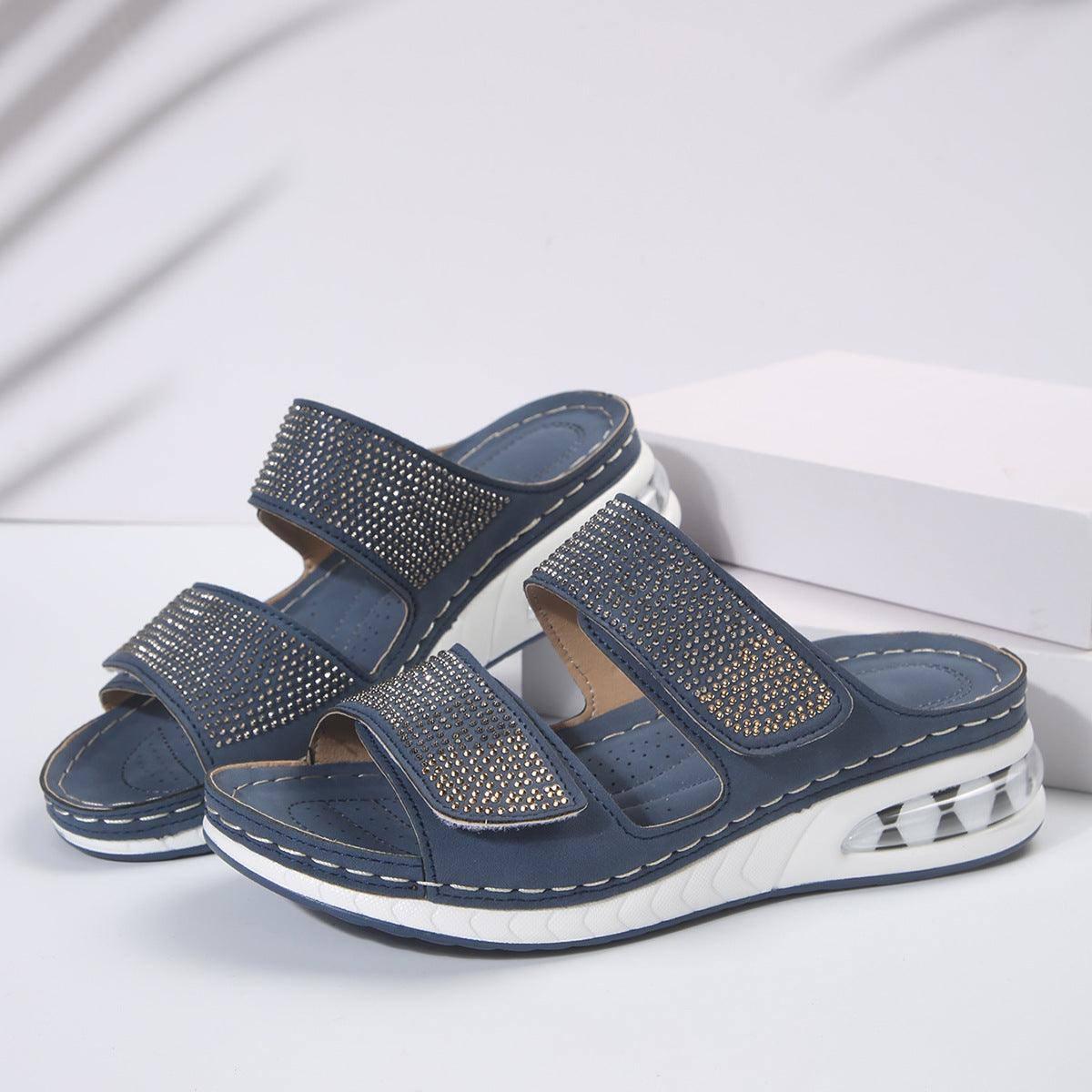 New Air Cushion Wedges Sandals Summer Casual Rhinestone-Dark Blue-9