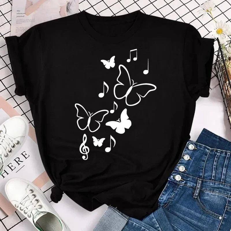 New Fashion Women T-shirt Colorful Butterfly Petal Print-10