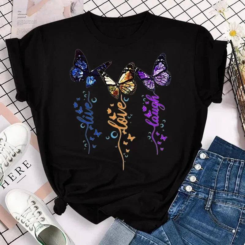New Fashion Women T-shirt Colorful Butterfly Petal Print-12