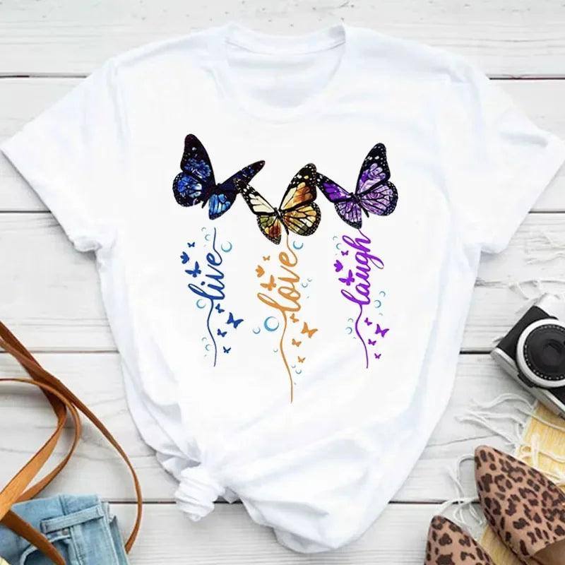 New Fashion Women T-shirt Colorful Butterfly Petal Print-13