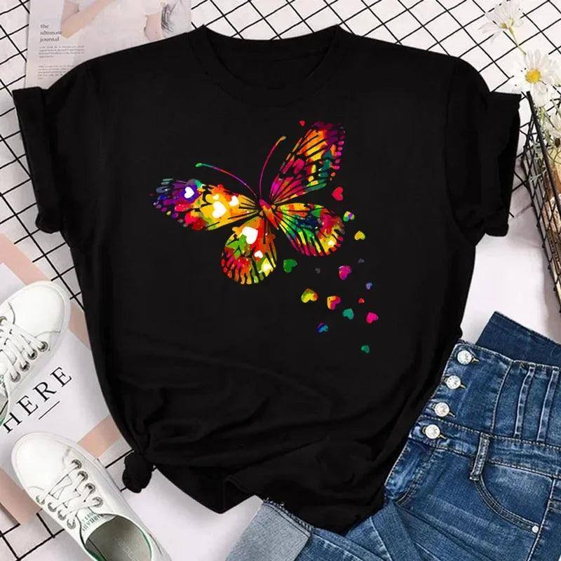 New Fashion Women T-shirt Colorful Butterfly Petal Print-2