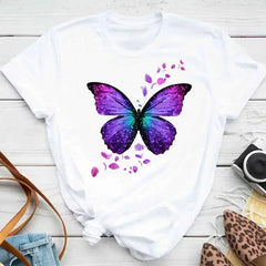 New Fashion Women T-shirt Colorful Butterfly Petal Print-HD1-W-3