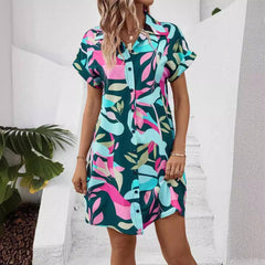 New Floral Print Short Sleeve Shirt Dress Summer Fashion-4