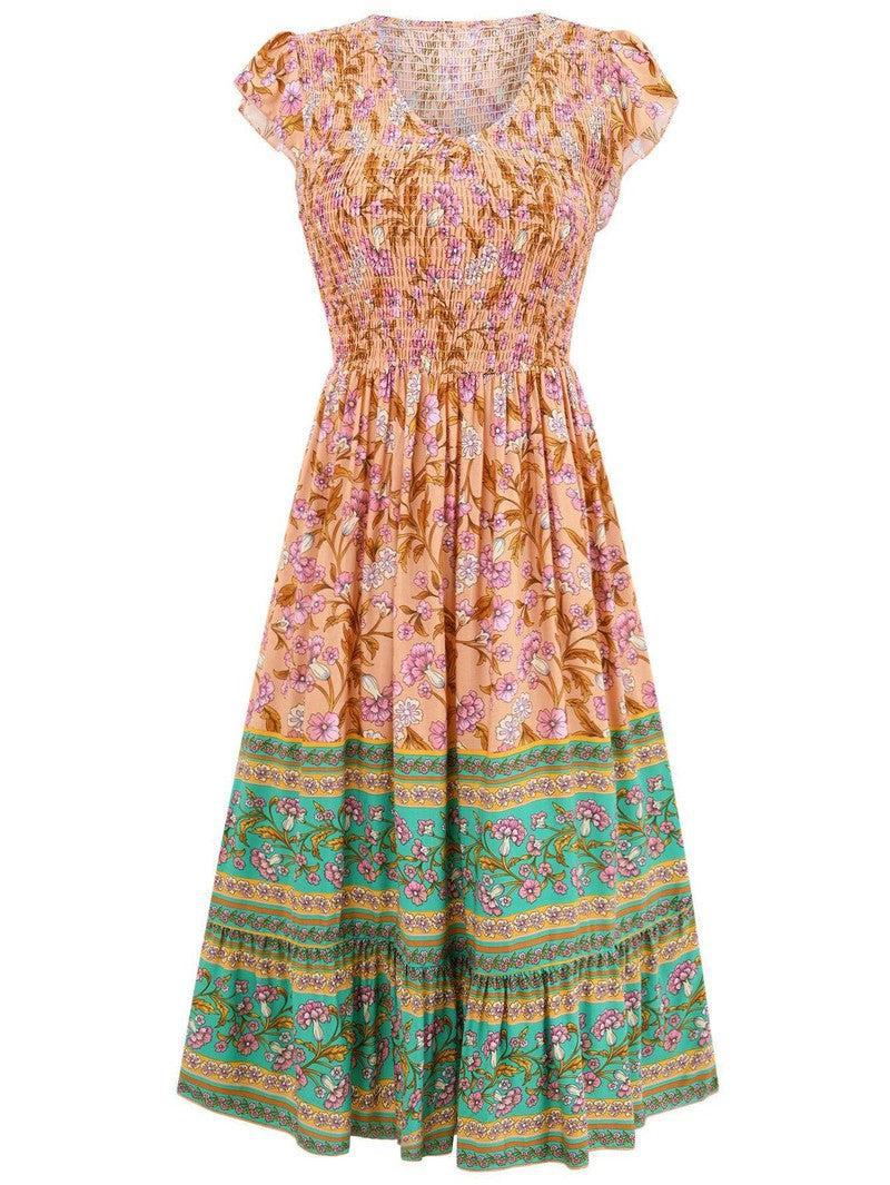 New Flowers Print V-neck Dress Summer Casual Ruffle-6