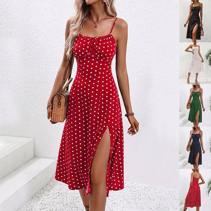New Polka Dot Print Suspender Dress Summer Sexy Slit Long-1