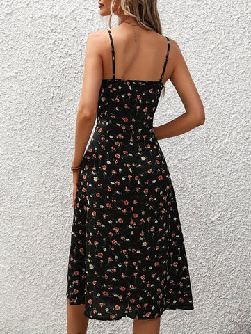 New Polka Dot Print Suspender Dress Summer Sexy Slit Long-3