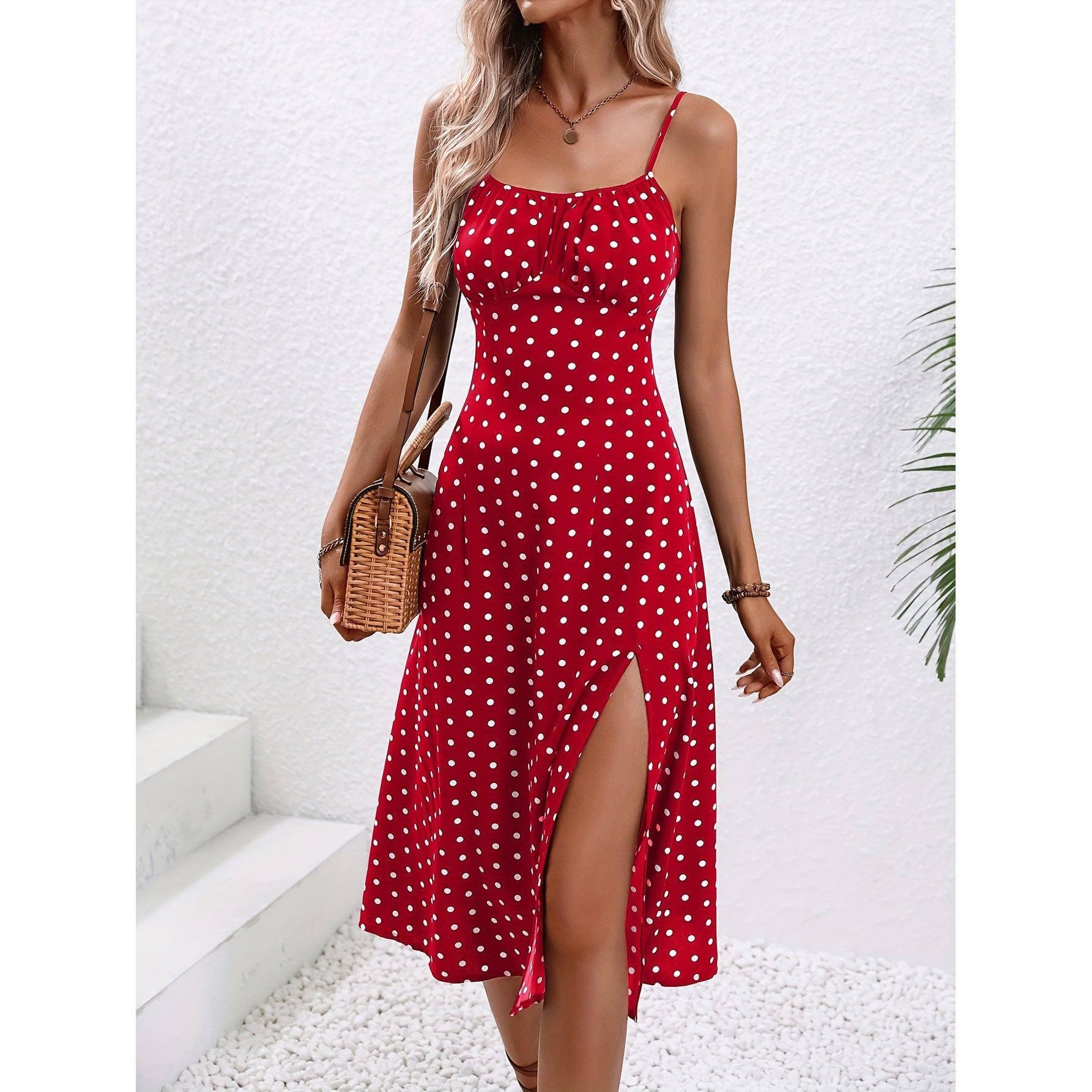 New Polka Dot Print Suspender Dress Summer Sexy Slit Long-Red-6