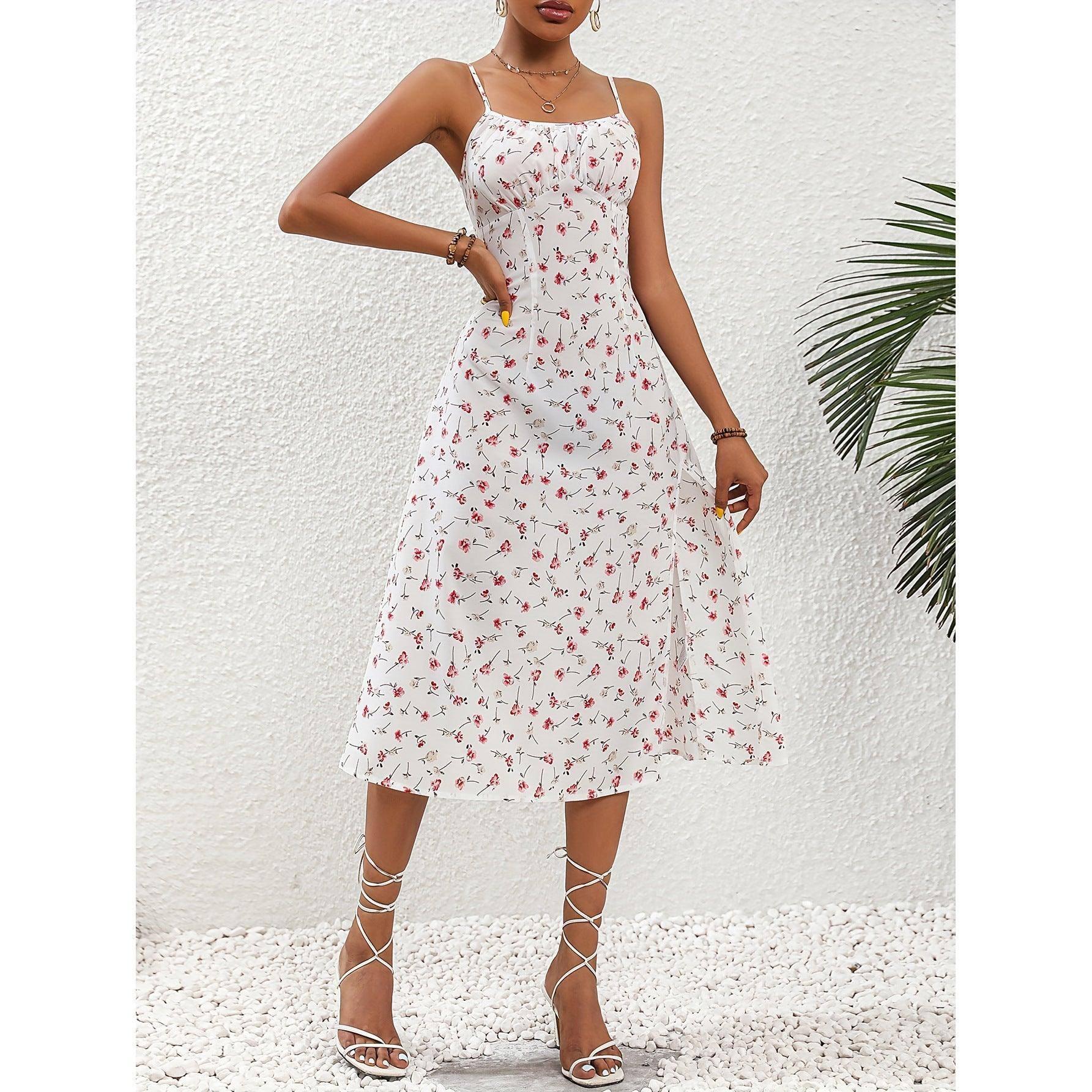 New Polka Dot Print Suspender Dress Summer Sexy Slit Long-White-7
