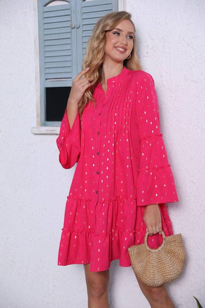 New Printed Bronzing Pleated Flared Long Sleeve Dress Summer-Pink-8