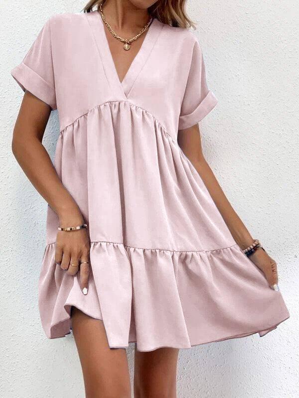 New Short-sleeved V-neck Dress Summer Casual Sweet Ruffled-Pink-13