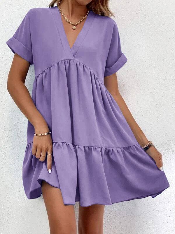 New Short-sleeved V-neck Dress Summer Casual Sweet Ruffled-Light Purple-14