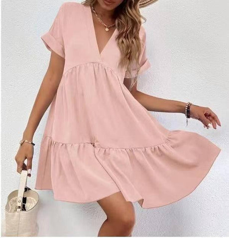 New Short-sleeved V-neck Dress Summer Casual Sweet Ruffled-Leather Pink-15