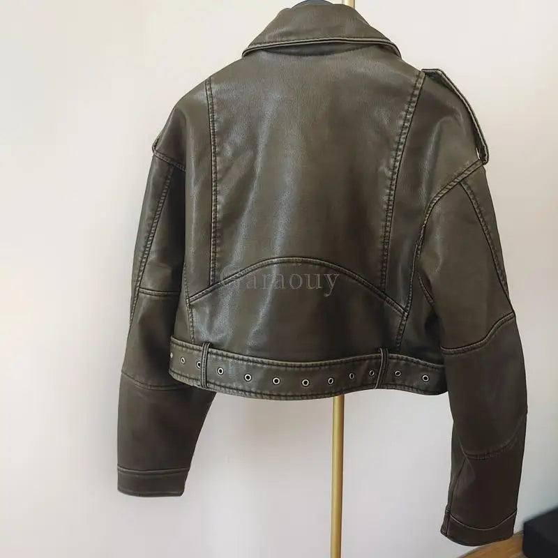 New Spring Woman Faux Leather Jacket Chic Vintage Short-3