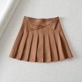 New Summer Oblique Button High Waist Pleated Skirt-Dark khaki-5
