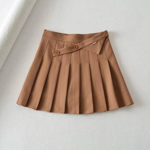 New Summer Oblique Button High Waist Pleated Skirt-Dark khaki-5