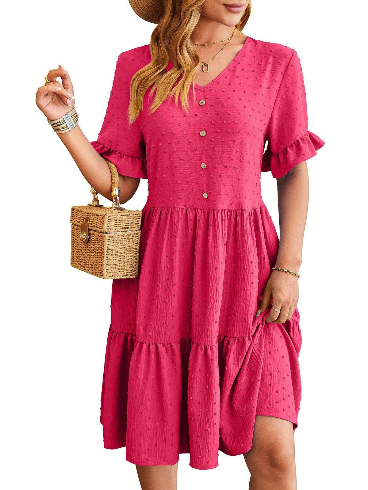 New V-neck Ruffle Short-sleeved Dress Summer Casual Fashion-Rose Red-2