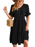 New V-neck Ruffle Short-sleeved Dress Summer Casual Fashion-Black-4