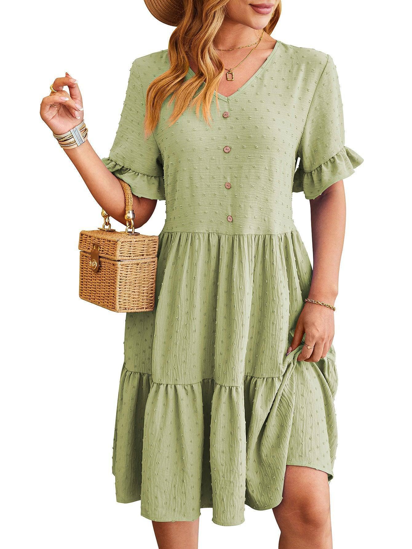 New V-neck Ruffle Short-sleeved Dress Summer Casual Fashion-Green-5
