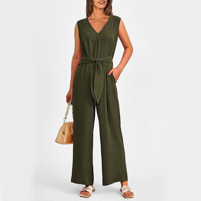 New V-neck Sleeveless Long Jumpsuit With Pockets And Lace-up-Army Green-5