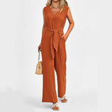 New V-neck Sleeveless Long Jumpsuit With Pockets And Lace-up-Orange-7