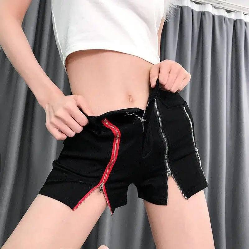 new wild asymmetric zipper hot pants high waist shorts-black-2