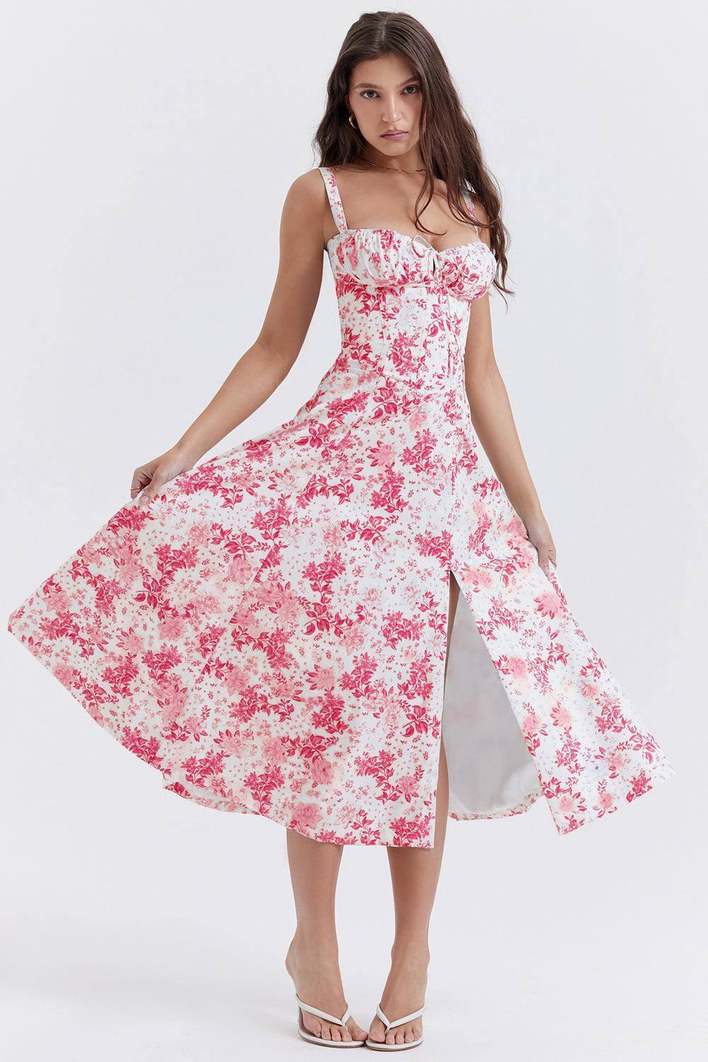 New Women's Floral Print Dress With Straps-White and red flower style-16