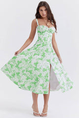 New Women's Floral Print Dress With Straps-White light green-4