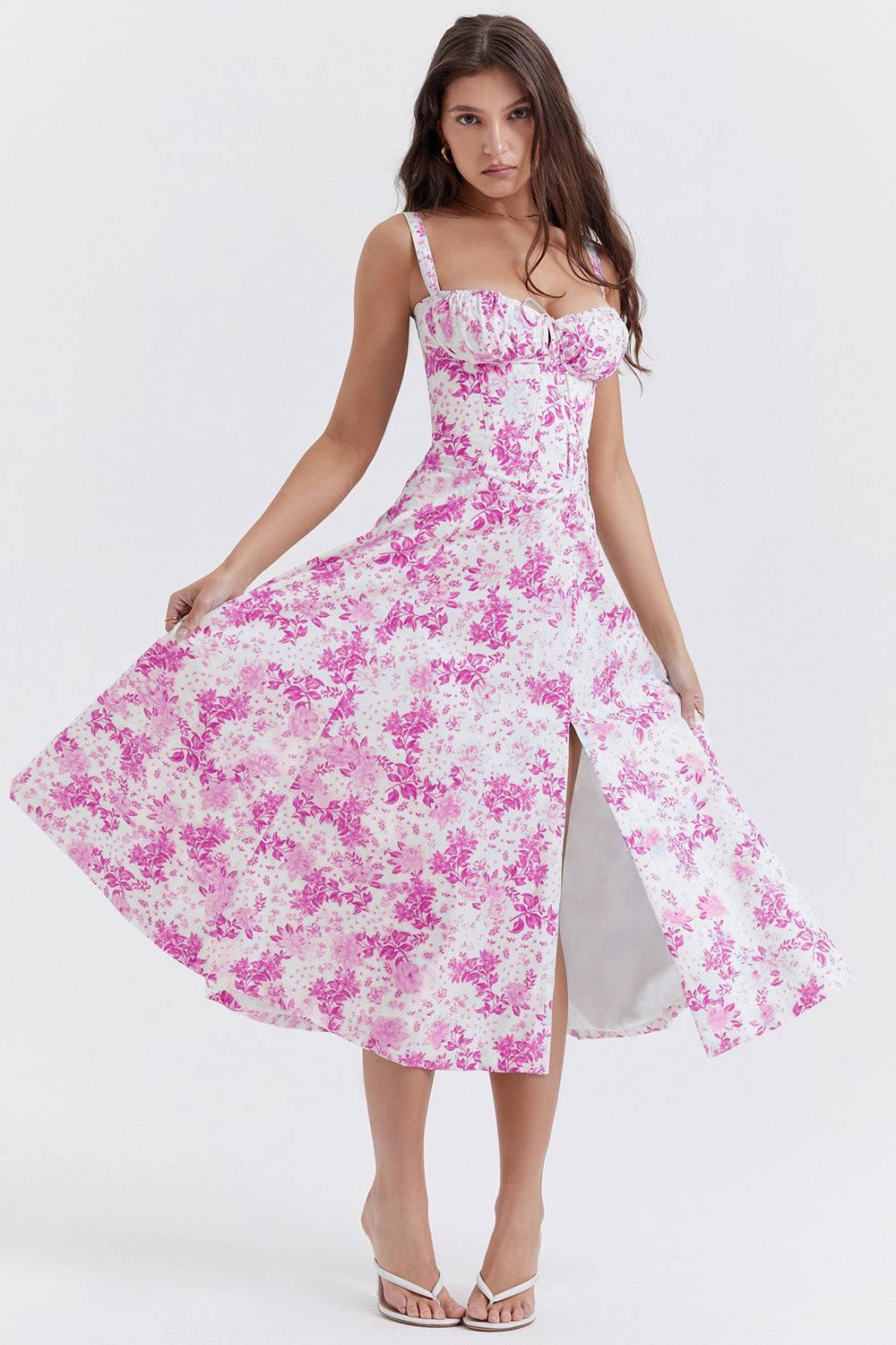 New Women's Floral Print Dress With Straps-White Rose-8