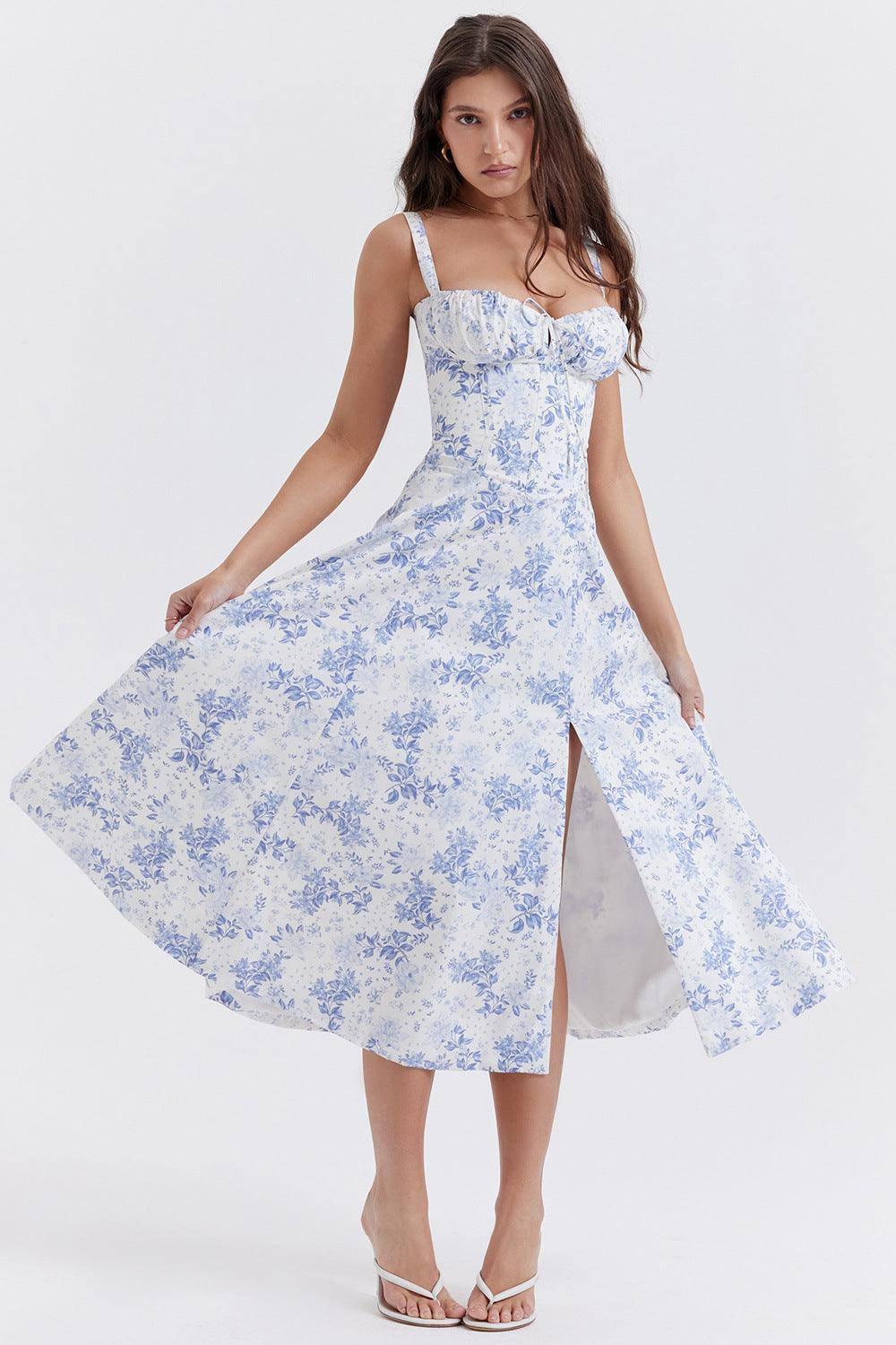 New Women's Floral Print Dress With Straps-White Blue-9