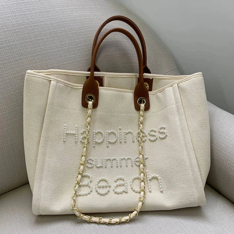 New Women Tote Bag Fashion Canvas Large Handbag Chains-Genuine Leather-6