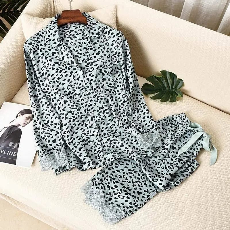 LOVEMI Nightgown Green / M Lovemi -  Long Sleeve Pajamas Thin Silk Ice Silk Two-piece Suit