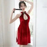 LOVEMI  Nightgown Red / One size Lovemi -  Sexy Erotic Lingerie Retro Hollow Cheongsam Side Slit
