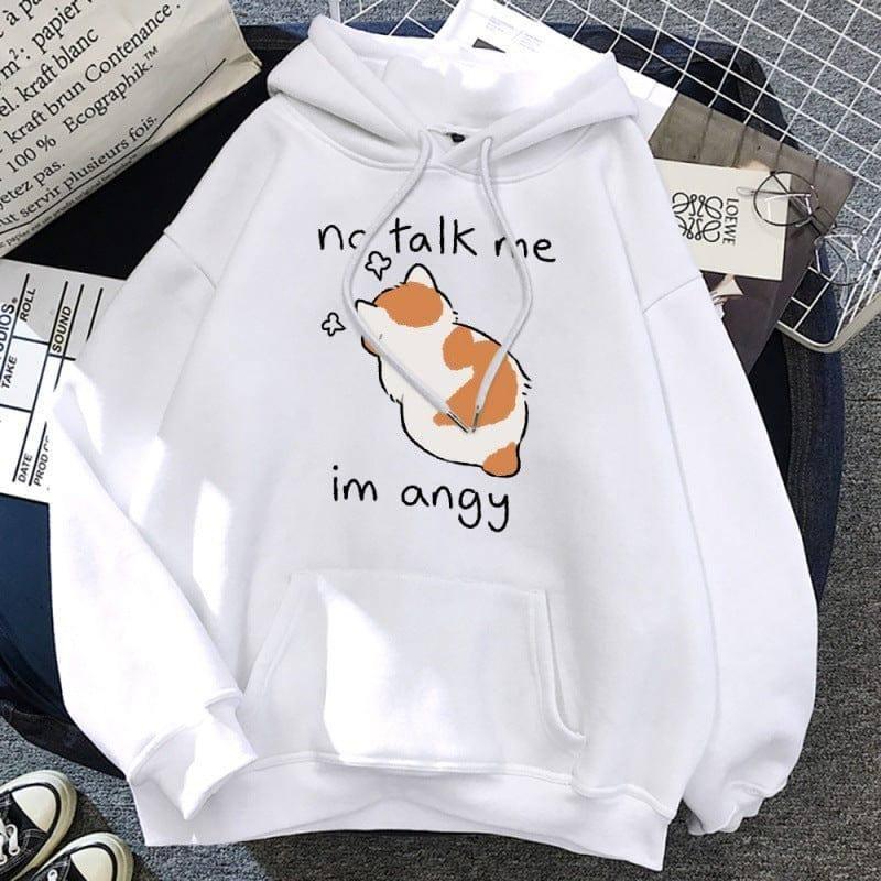 No Talk Me Cute Angry Cat Print Women Hoodie-White-3
