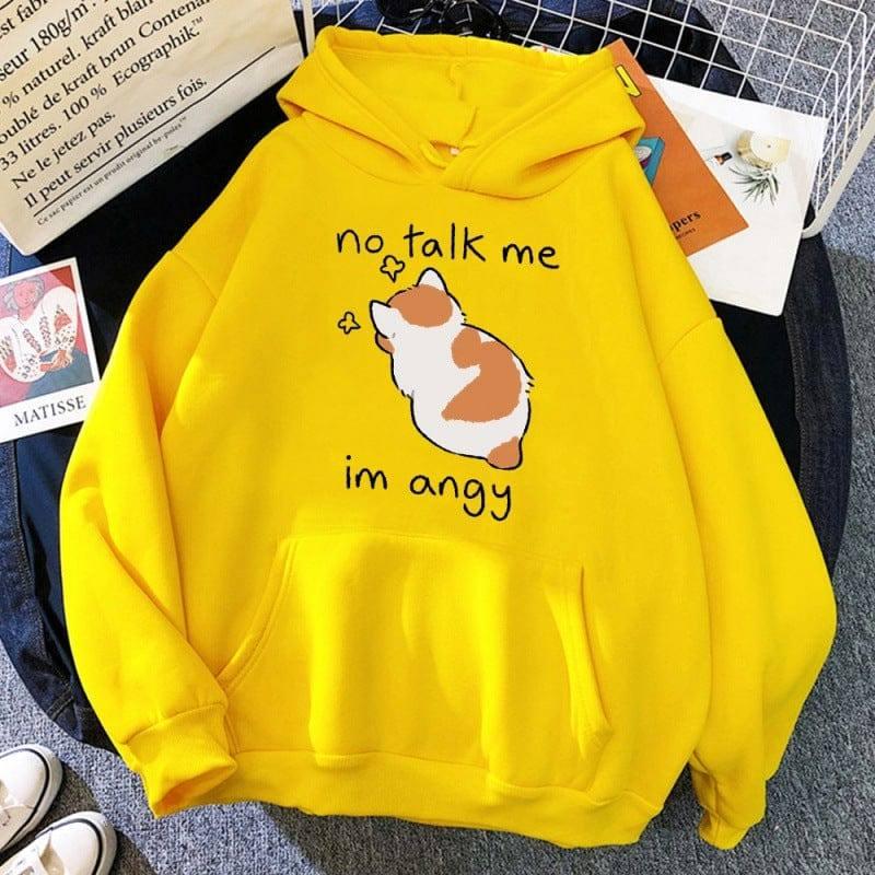 No Talk Me Cute Angry Cat Print Women Hoodie-Yellow-7