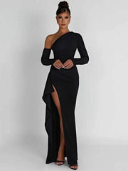 Oblique Shoulder High Split Maxi Dress - Sexy Backless Party-S-1