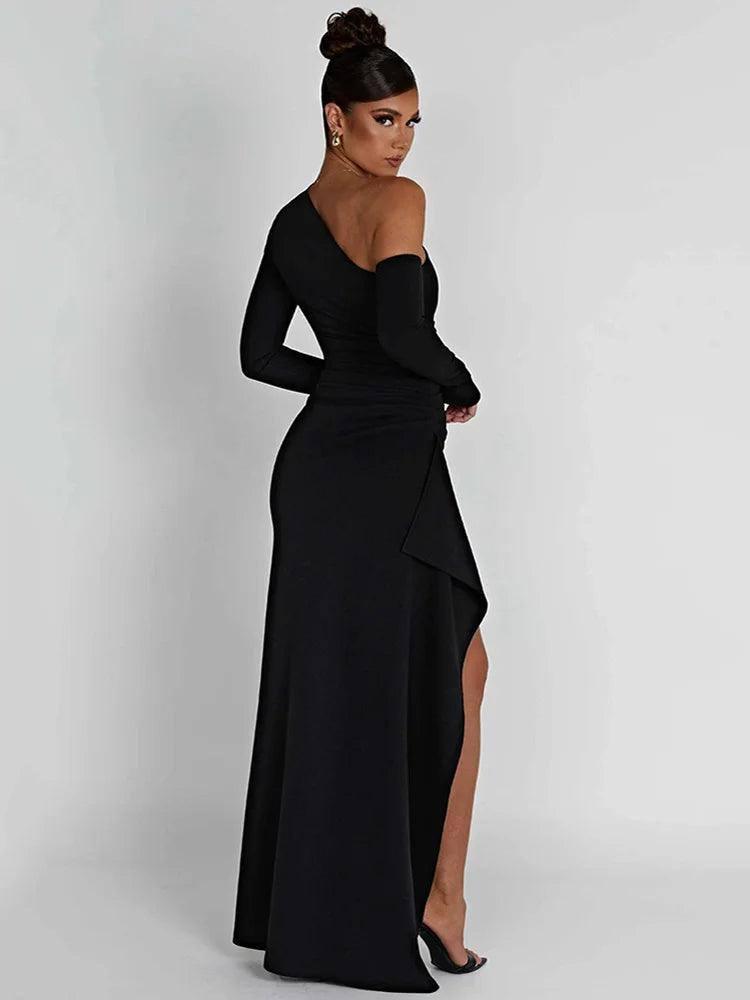 Oblique Shoulder High Split Maxi Dress - Sexy Backless Party-2