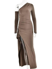 Oblique Shoulder High Split Maxi Dress - Sexy Backless Party-S-4