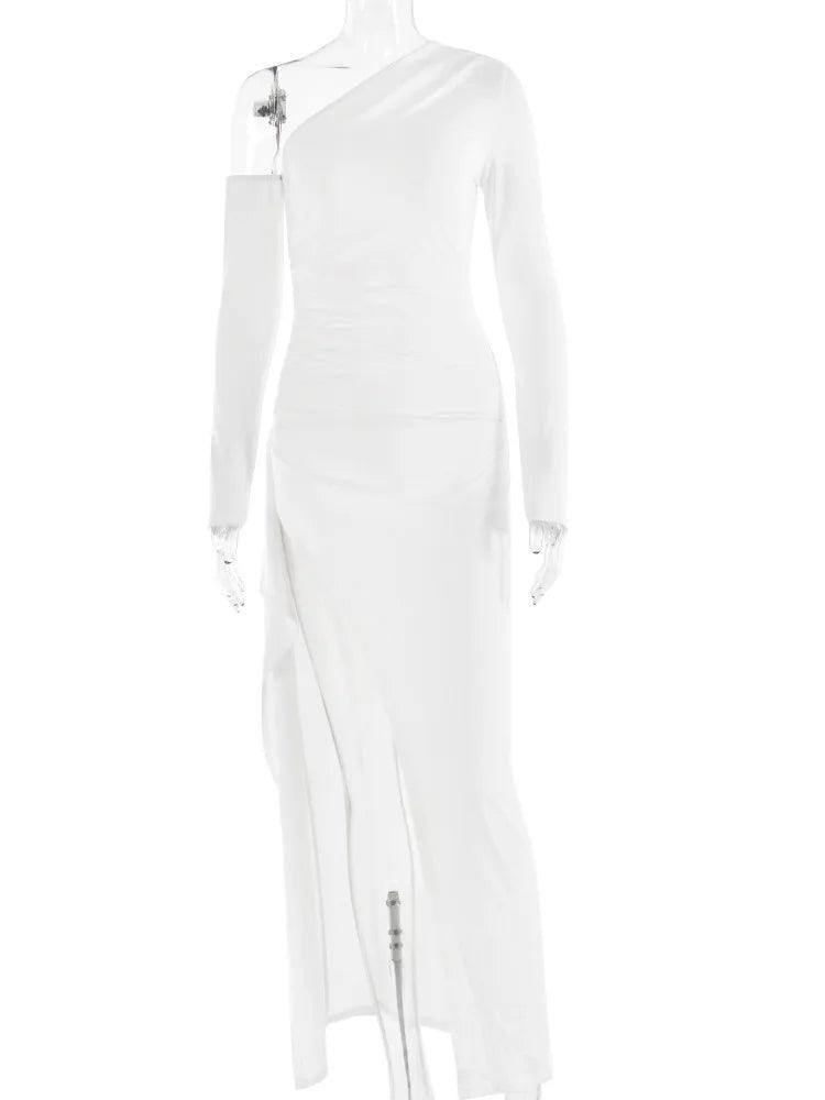 Oblique Shoulder High Split Maxi Dress - Sexy Backless Party-S-6