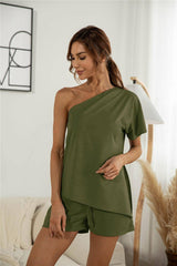 Off-the-shoulder Short Sleeve Sloping-shoulder Off The-shoulder Casual Two-piece Suit-2