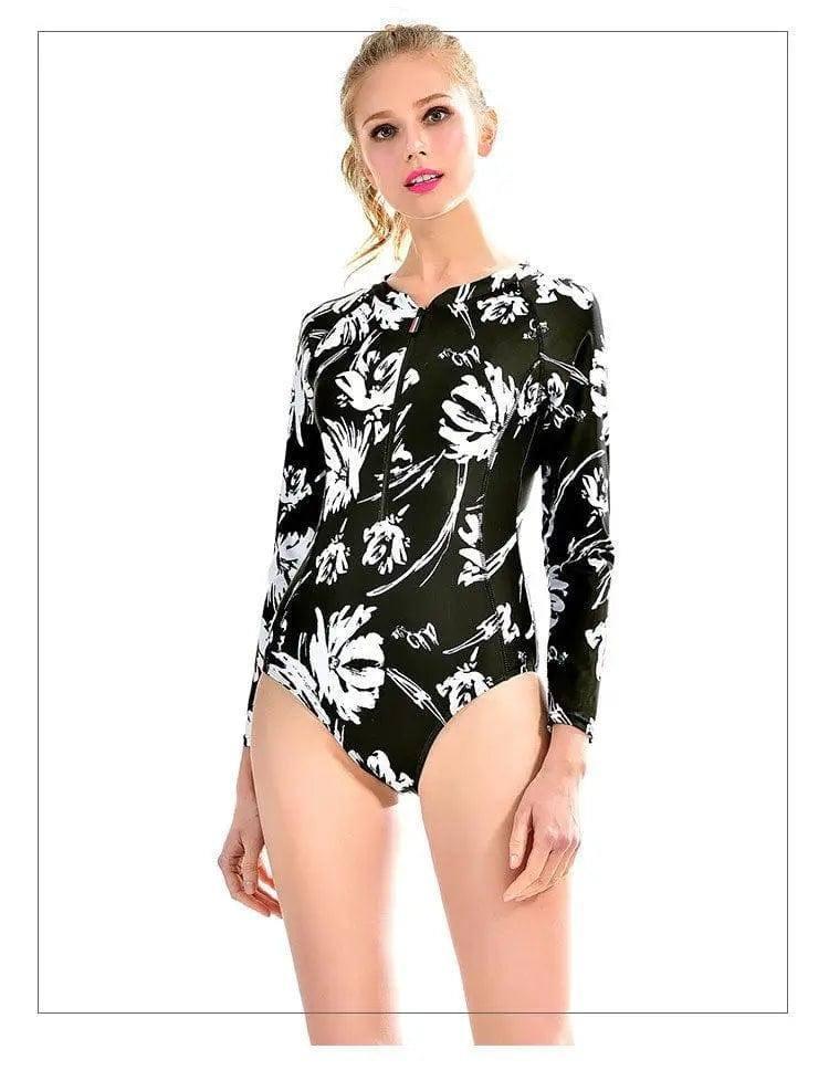 One-Piece Bikini Swimsuit Long Sleeve Sexy Surfing Suit-Black-2