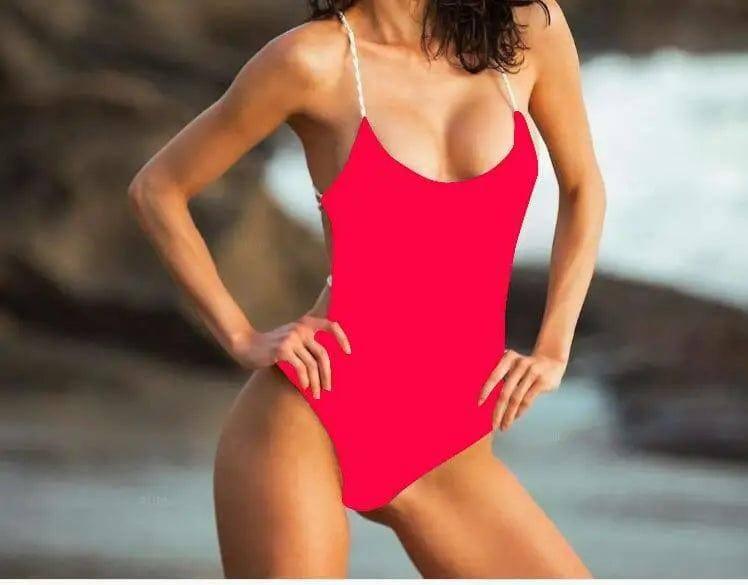 One Piece Braided Rope Swimsuit Solid Color Halter Sexy-Red-5