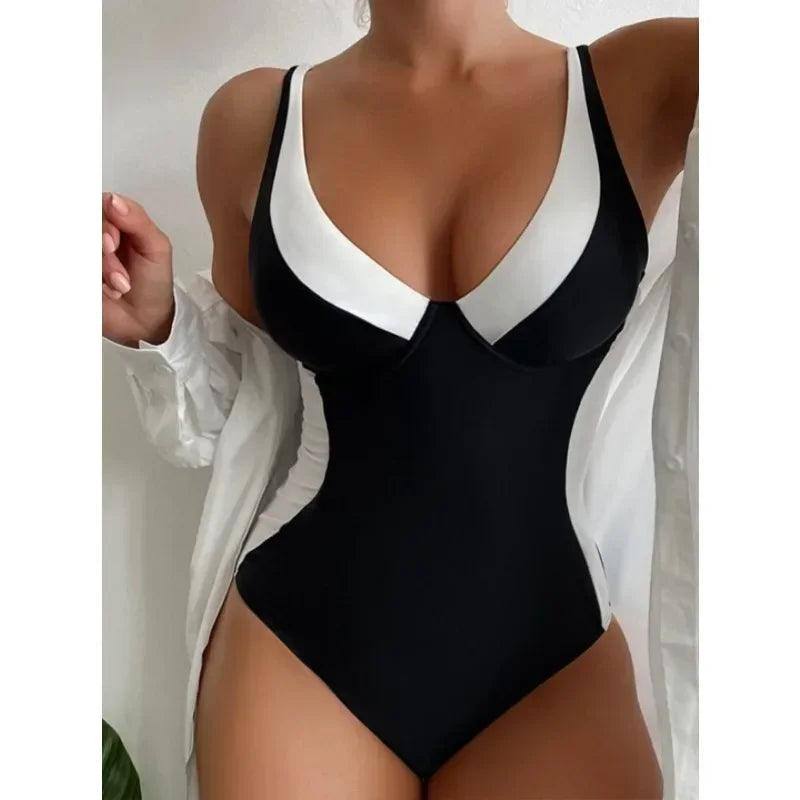 One Piece High Waisted Swimsuit Women Push Up Padded-Black-12