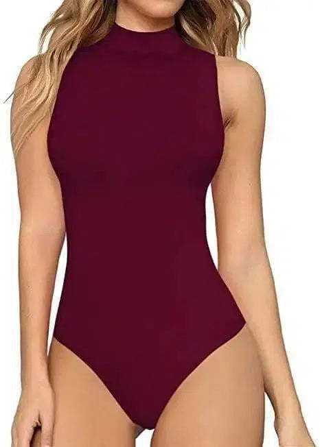 One Piece Swimsuit Casual Turtleneck Bottoming Shirt-WineRed-4