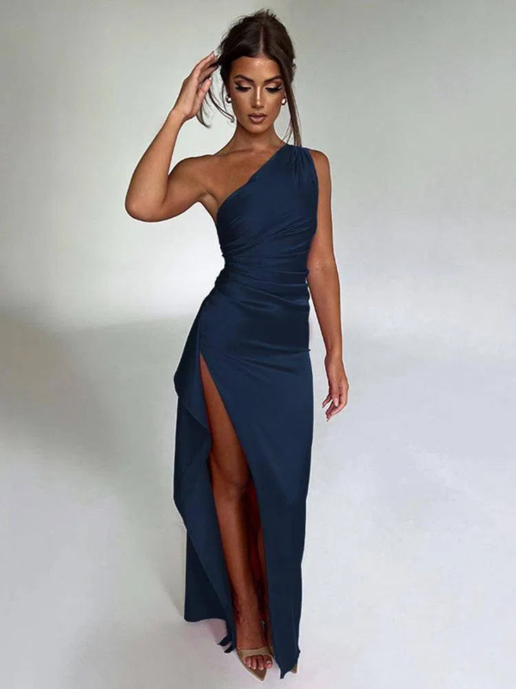 One-shoulder Pleated Split Satin Dress Elegant Slim-fit Solid Color-Royal-13